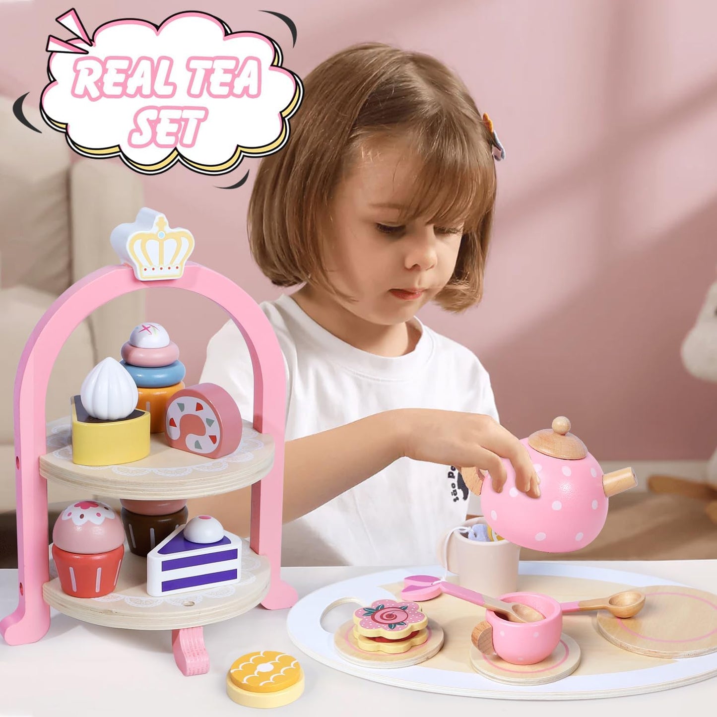 Set de Té en Madera Rosa