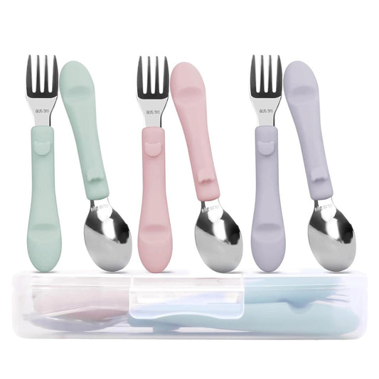 Set x6 Cubiertos para Bebés en Acero Inoxidable 316 con Mango de Silicona (3 Tenedores + 3 Cucharas)